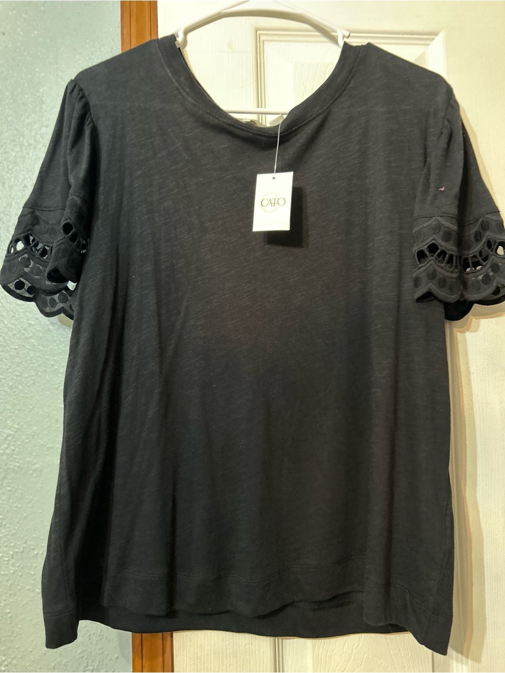 Cato Black Short Sleeve Tee with Scalloped Eyelet Sleeves